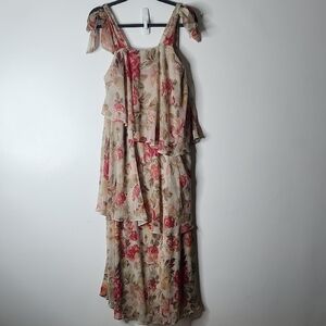 H&M Tiered Tie-strap lined Midi Dress Cream/Pink/Floral Size 6